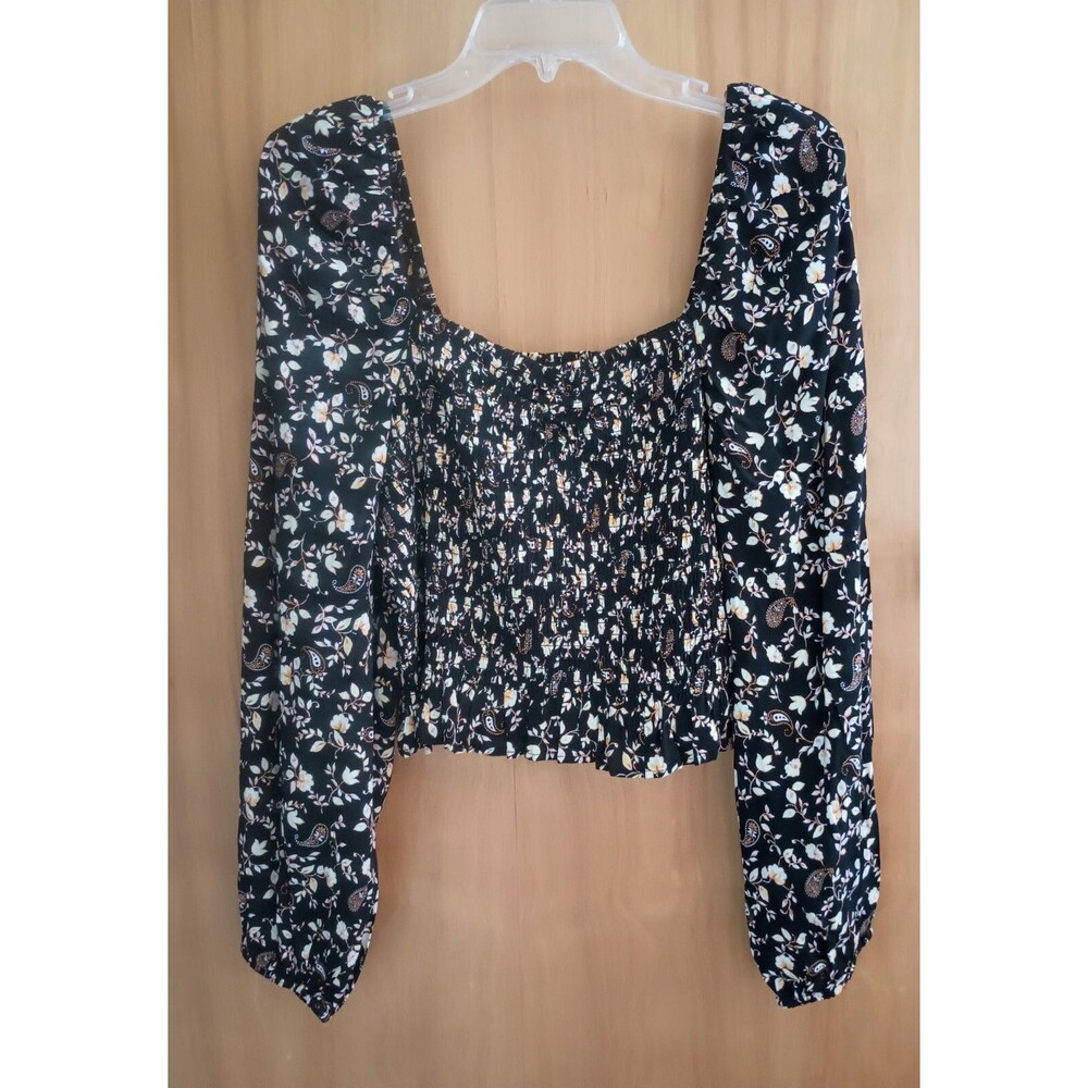 NWT FOREVER 21+ PLUS Womens 0X Floral Smocked Long Sleeve Crop Top Black Multi